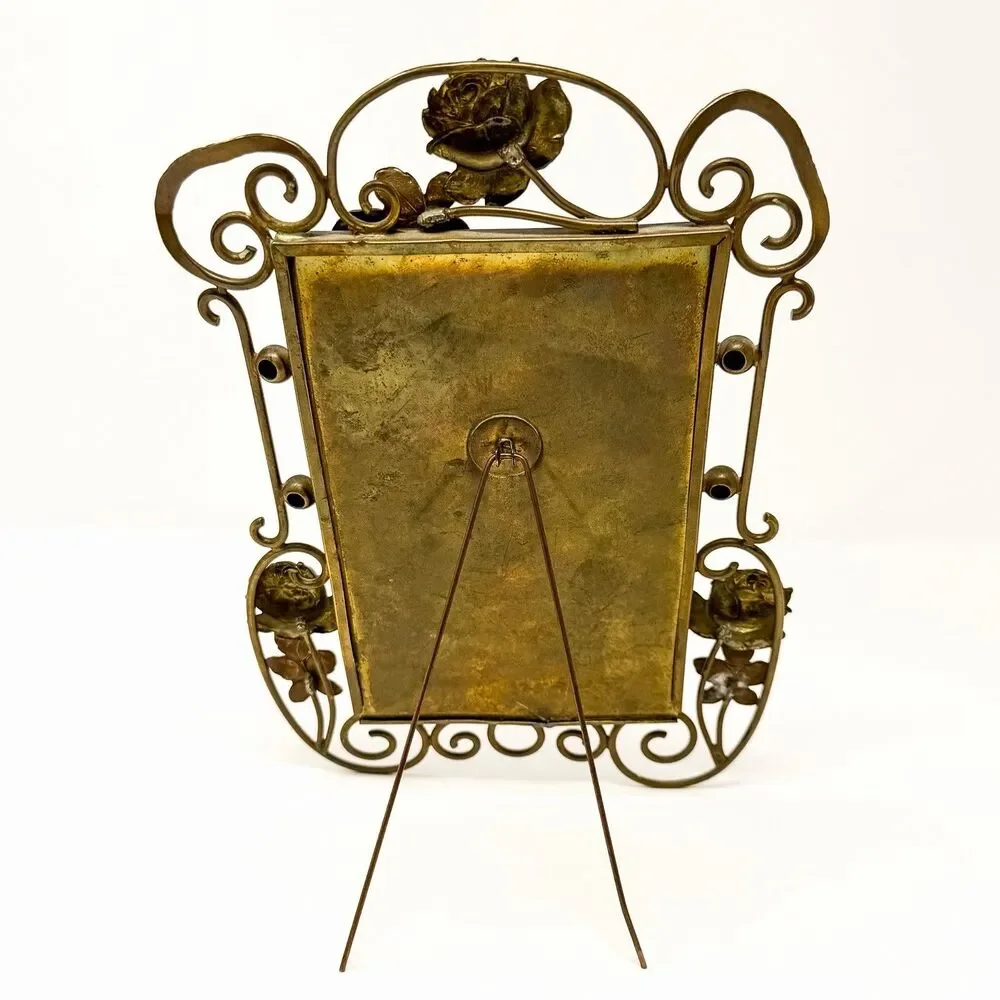 Antique Art Nouveau Brass Picture Frame Rose Floral Whiplash Easel c1900
